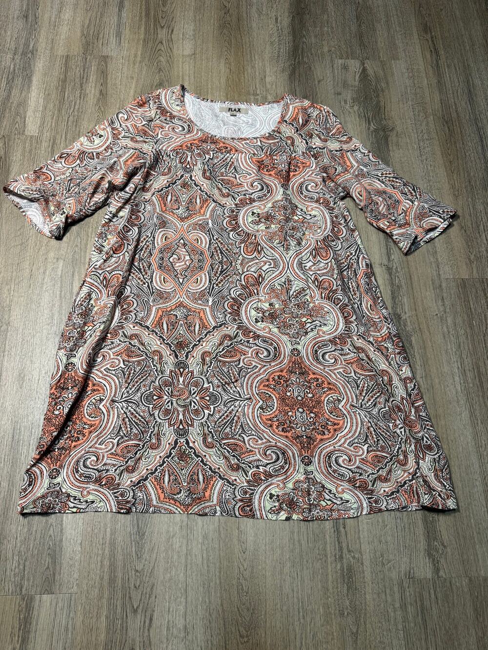 FLAX Women's Linen Orange Paisley Scoop Neck Midi Dress
